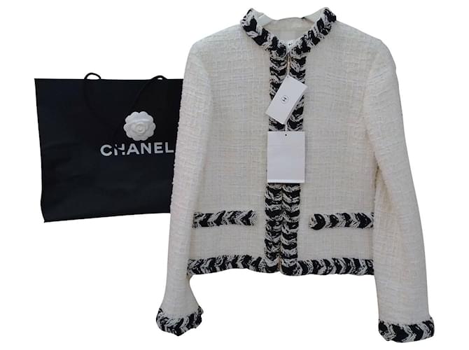 Cambon chanel#blazer#jacket#tuvit#with invoice#label#38#m#french Black White Cream Cotton Polyester Tweed  ref.725615
