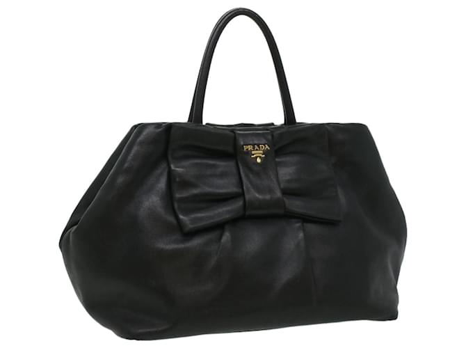 PRADA ribbon Hand Bag Leather Black Auth bs3070  ref.726674