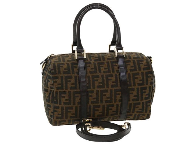 FENDI Zucca Sac à main en toile 2façon Marron Noir Auth 33206