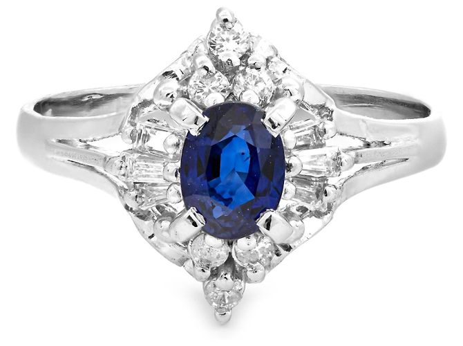 Autre Marque Anel de platina com safira central e diamantes Azul