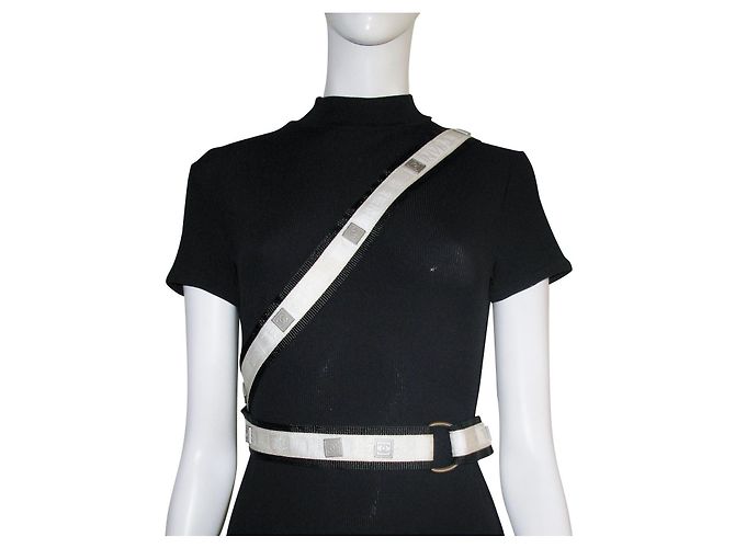 Chanel White and Black Canvas Belt with CC Logo