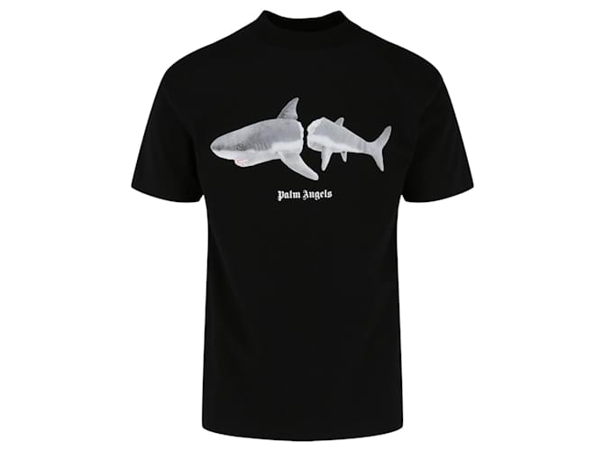 Camiseta de cuello redondo con tiburón roto de Palm Angels Negro Algodón  ref.727069