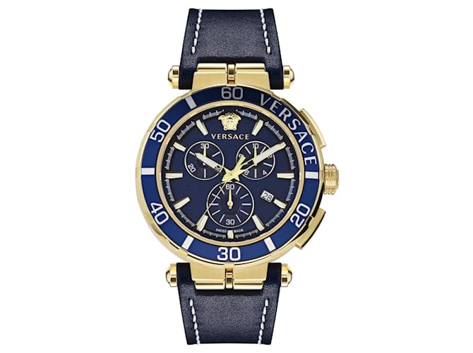 Relógio de couro Versace Greca Chrono Dourado Metálico  ref.727169