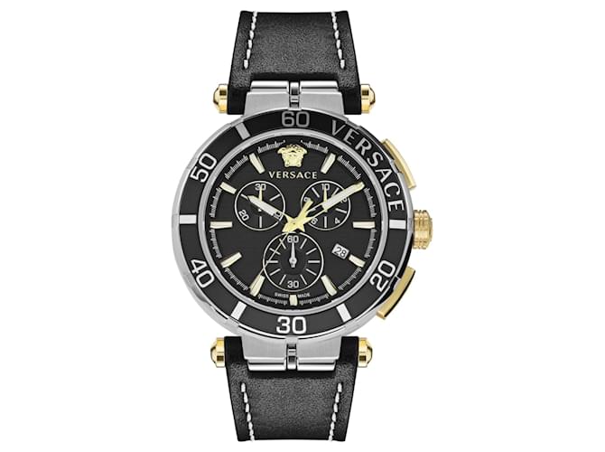 Reloj Versace Greca Chrono de piel Plata Metálico  ref.727251