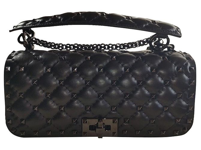 Valentino BOLSA DE OMBRO ROCKSTUD SPIKE couro de bezerro toda preta nova Preto