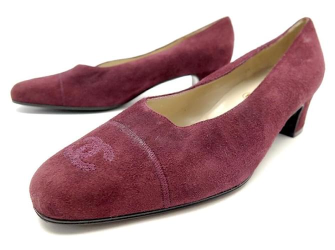 VINTAGE CHANEL SHOES PUMPS LOGO CC EMBROIDERED IN BURGUNDY SUEDE SUEDE SHOES Dark red  ref.728425