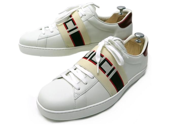 NEUF CHAUSSURES GUCCI ACE STRIP 523469 BASKETS 9.5 43.5 CUIR SNEAKERS SHOES Blanc  ref.728535