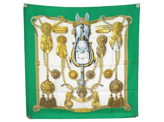 Hermès NINE HERMES FRONT SCARF AND CATHY LATHAM CARRE ROLLS 90 SILK SCARF Green  ref.728567