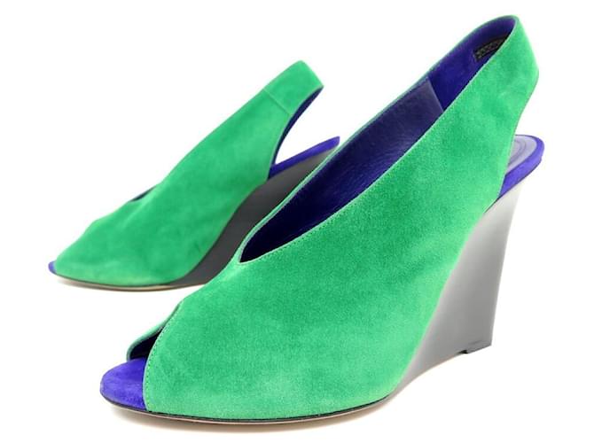 Céline Celine shoes 38 GREEN SUEDE WEDGE SANDALS + BOX SHOES  ref.728641