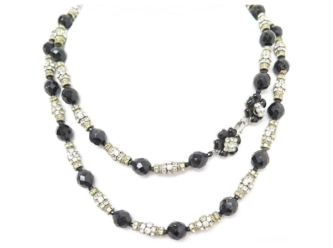 VINTAGE NECKLACE CHANEL CAMELIA BLACK STONES AND STRASS 1970 NECKLACE Silvery Metal  ref.728655