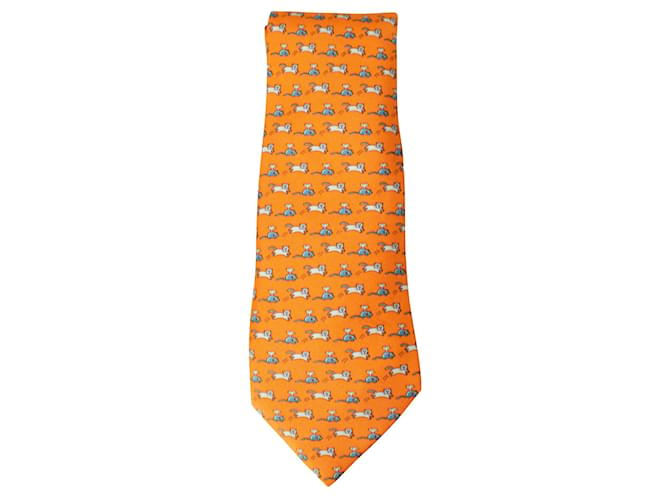 Hermès Orangefarbene Krawatte mit Katzen- und Mäusedruck Seide  ref.729190