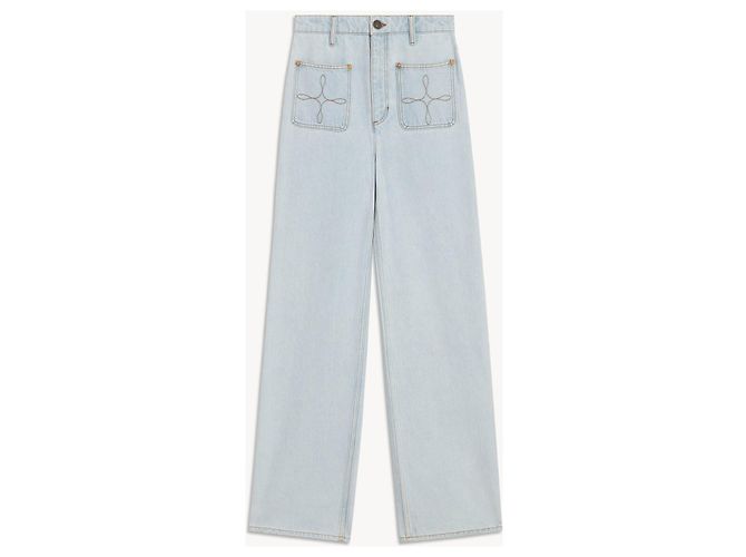 Jeans Sandro Wide Leg Blu in Cotone con Tasche Ricamate