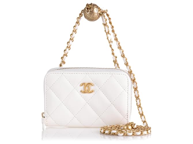 Chanel White Pearl Crush Card Holder On Chain Leather ref.729212