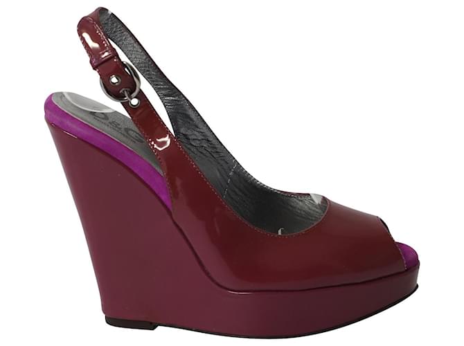 Dolce & Gabbana Chaussures Compensées Peep Toe Slingback en Cuir Verni Bordeaux Violet  ref.729579