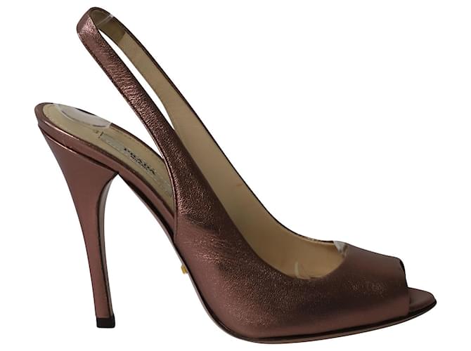 Prada Peep Toe Slingback Heels in Metallic Rose Leather Pink  ref.729599