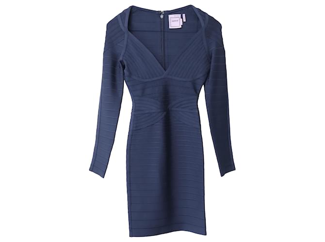 Herve Leger Long Sleeve Bandage Dress in Blue Rayon Cellulose fibre  ref.729600