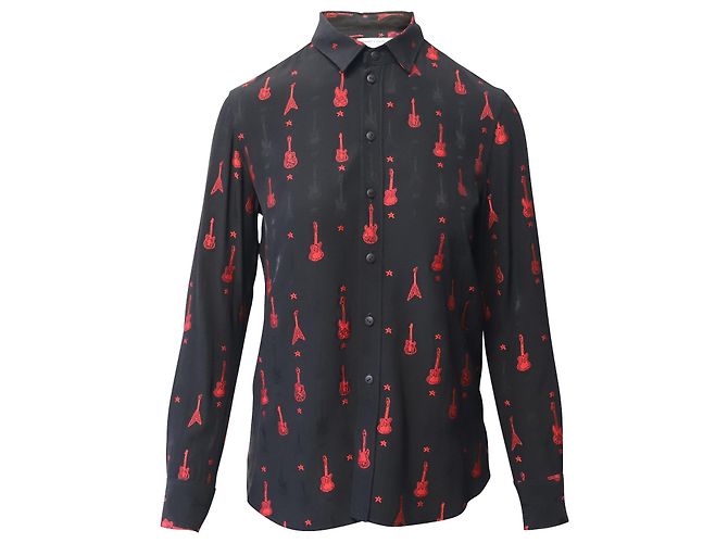Camicetta ricamata chitarra Saint Laurent in viscosa nera Nero