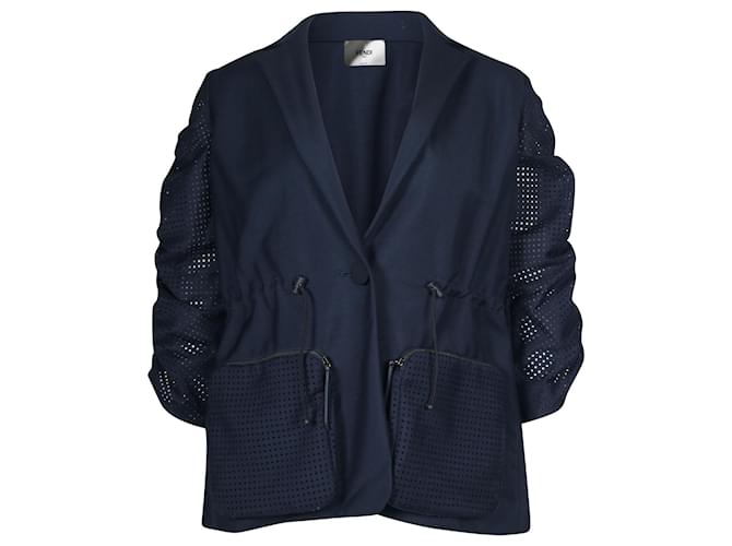 Fendi Puff Sleeve Drawstring Jacket in Navy Blue Cotton  ref.729636