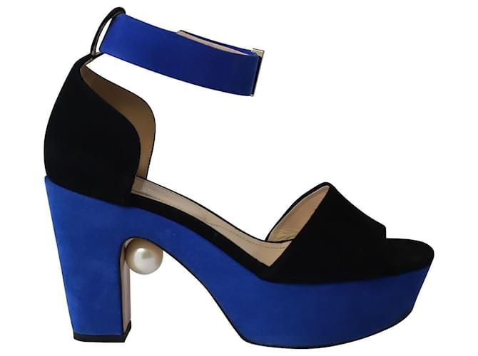 Nicholas Kirkwood Maya Pearl Embellished Block Heel Sandals in Blue Suede  ref.729698