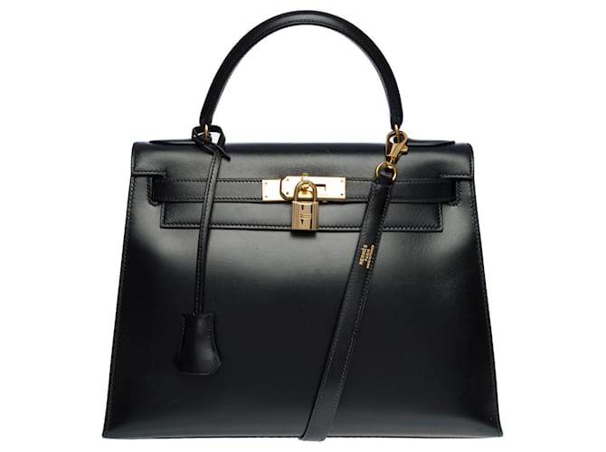 Magnifique Sac Hermès Kelly 28 sellier bandoulière en cuir box noir,  ref.730339