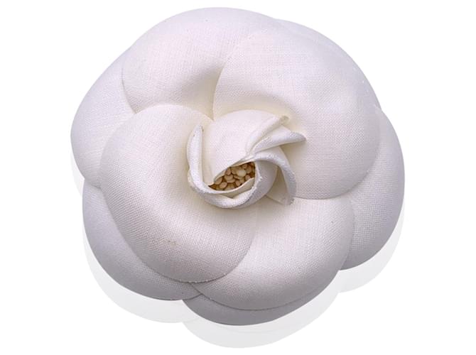 Chanel White Fabric Camelia Flower Camellia Brooch with Box
