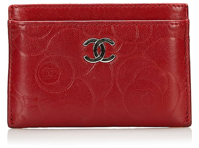 Porta-cartões Chanel Red Camellia Vermelho Couro  ref.730366