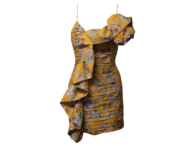 Magda Butrym Ruffled Floral Print Ruched Dress in Yellow Silk  ref.730454