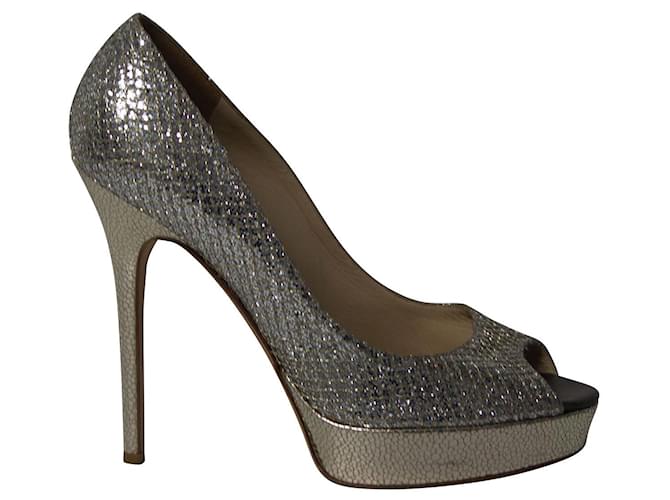 Sapato peep toe com plataforma Jimmy Choo Dahlia em glitter prateado Prata  ref.730457