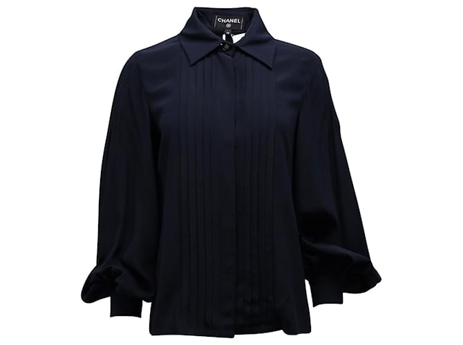 Chanel Concealed Button Pleated Blouse in Navy Blue Silk  ref.730497