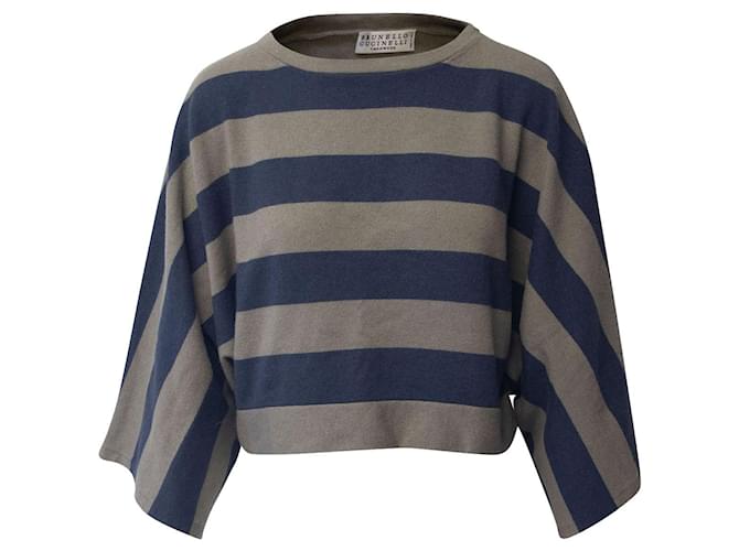 Suéter de tricô listrado Brunello Cucinelli em lã caxemira cinza/azul Casimira  ref.730510
