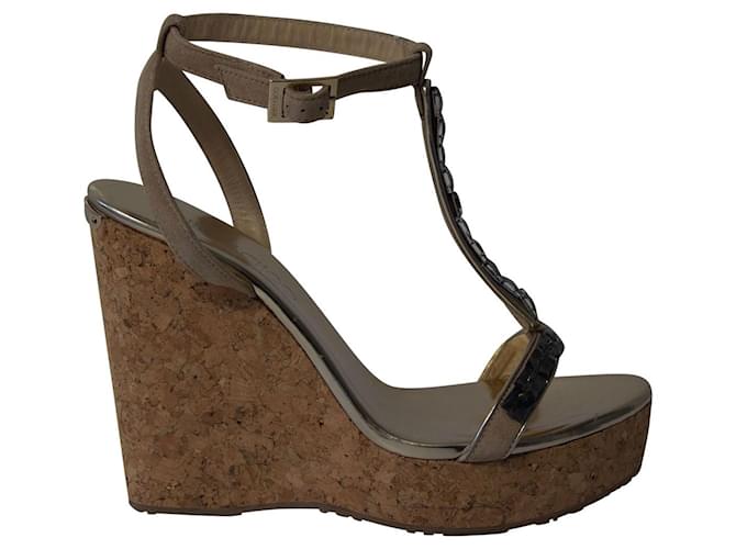 Jimmy Choo Naima Jeweled Platform Wedge Sandals in Beige Suede Grey  ref.730548