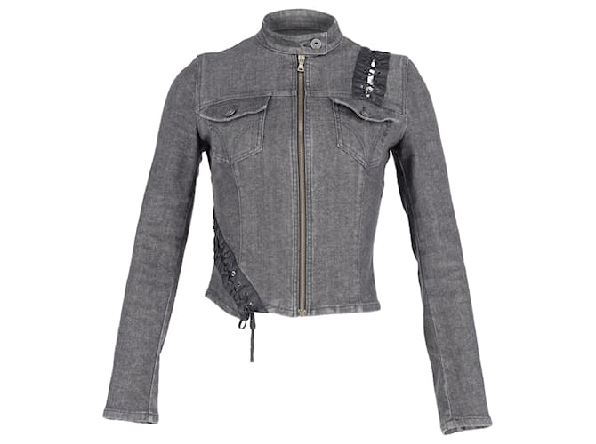 Dolce & Gabbana Dolce and Gabbana Lace Up Detail Washed Denim Jacket in Black Cotton   ref.730653