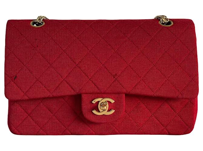 Chanel classique rabat doublé jersey de coton moyen matériel d'or rouge vintage intemporel Cuir Bordeaux  ref.730829