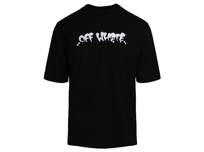 Off White Rundhals-T-Shirt mit cremefarbenem Logo Schwarz Baumwolle  ref.732090