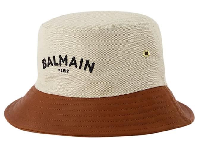 Chapeau Logo - Balmain - Pierre/Marron - Canva Toile  ref.732123