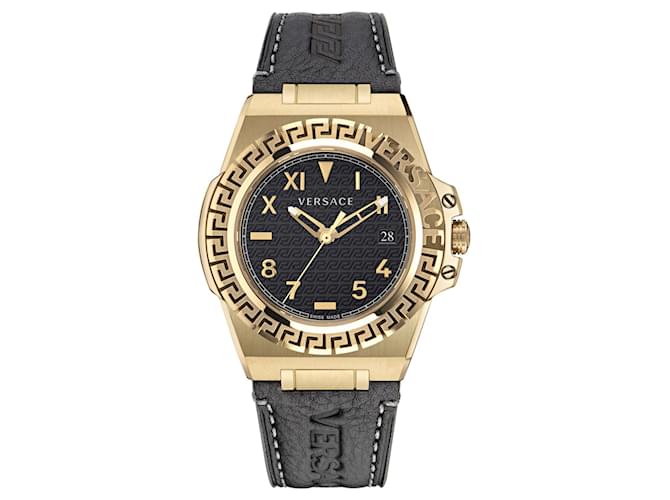 Relógio Versace Greca Reaction Couro Dourado Metálico  ref.732233