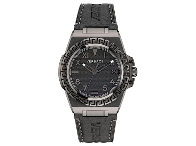 Versace Greca Reaction Leather Watch Grey  ref.732394