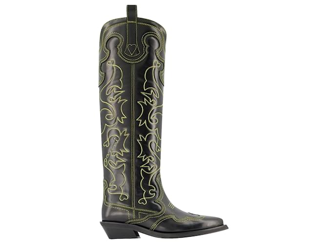Ganni Knee High Embroidered Western Boots in Black Leather  ref.732441