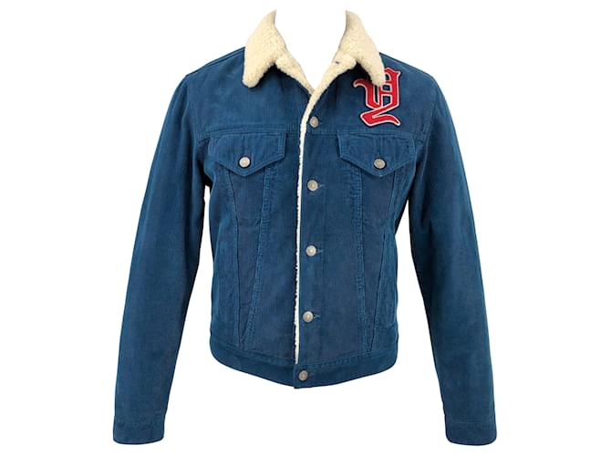 Gucci-Jacke aus blauem Cord und Kunstpelzfutter und -kragen Baumwolle  ref.732558