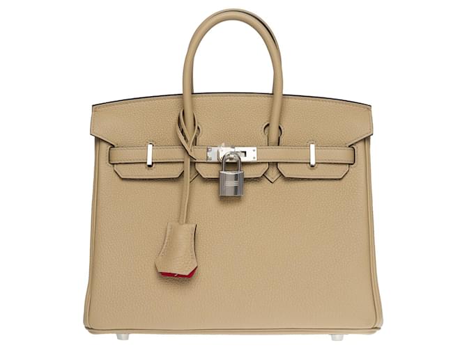 Hermès Excepcional bolsa Birkin 25 Parte traseira em couro Togo Trench e interior Bougainvillea Bege  ref.732729
