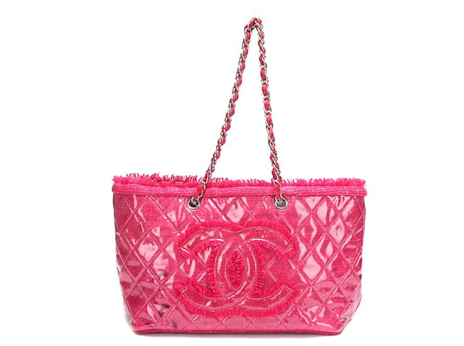 Chanel Vinyl Quilted Funny Tweed Tote Pink 