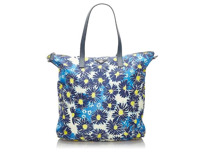 Tote Prada Tessuto Stampato Blumen-Einkaufstasche Blau Leinwand  ref.733330