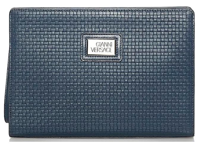 Versace Embossed Leather Clutch Blue Pony-style calfskin  ref.733338