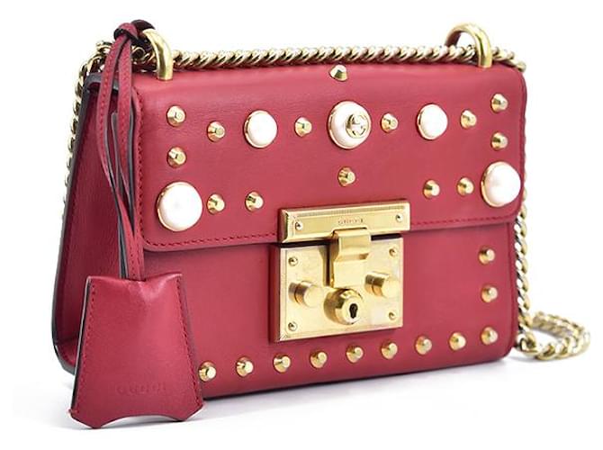 Gucci Studded Leather Small Padlock Crossbody Bag 432182 Red Pony-style calfskin  ref.733592
