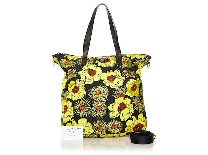 Prada Tessuto Stampato Floral Tote Bag Yellow Cloth  - Joli Closet