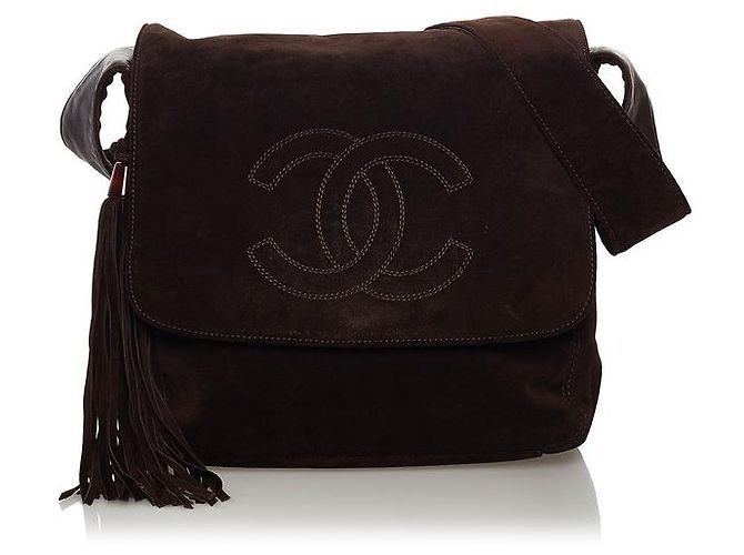 Chanel Bolsa de ombro Coco Mark camurça com franjas Marrom