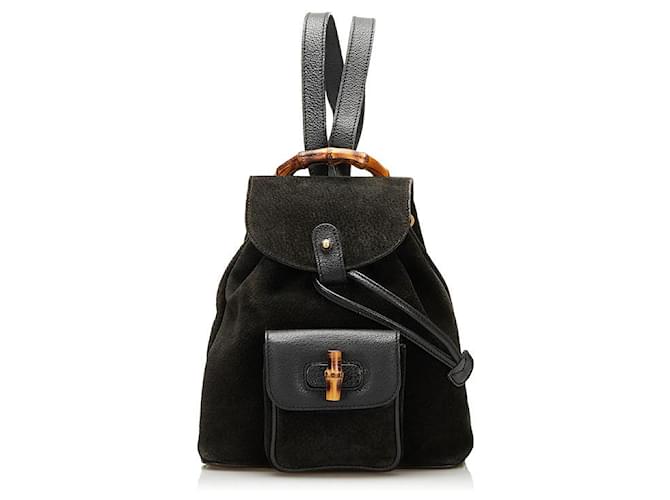 GUCCI Old Gucci Bamboo Backpack Mini Suede Leather Black