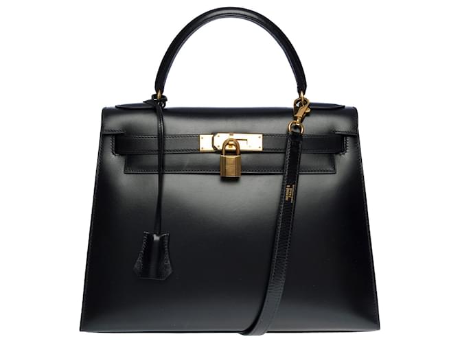 Hermès Eccezionale e rara borsa Hermes Kelly 28 tracolla in pelle scatola nera, finiture in metallo placcato oro, tracolla removibile in pelle box nera Nero  ref.734945