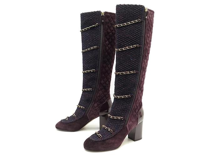 NEW CHANEL G BOOTS33030 39.5 TWEED CHAIN INTERLACED QUILTED BOOTS Dark red Leather  ref.736060