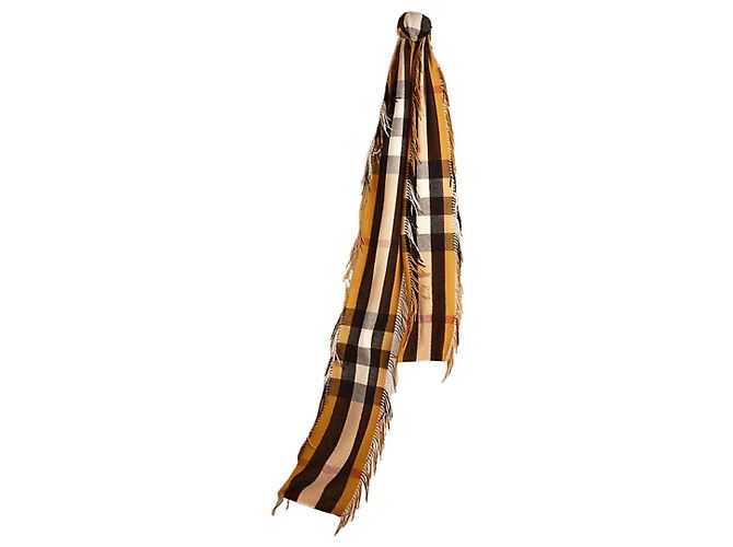 Burberry extra long half mega check fashion fringe cashmere scarf 310x22cm Yellow